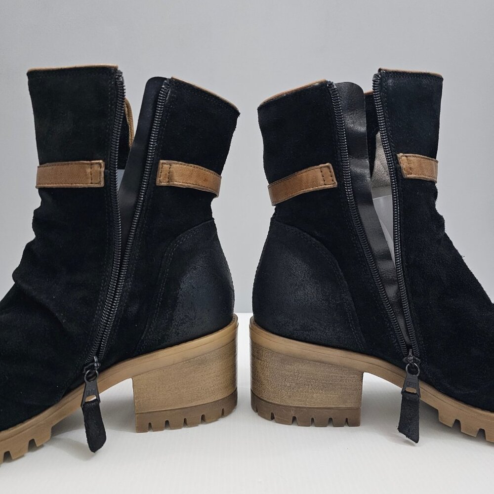 Miz Mooz Mandy Ankle Boot Womens EU 41 Black Suede Whipstitch Buckle Chunky Heel - Picture 4 of 16